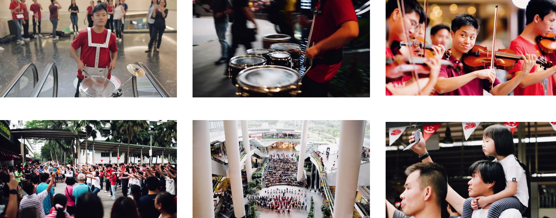 Six photos show a public musical event with drummers, violinists, a crowd outdoors, a mall performance, and a child on a man's shoulders.